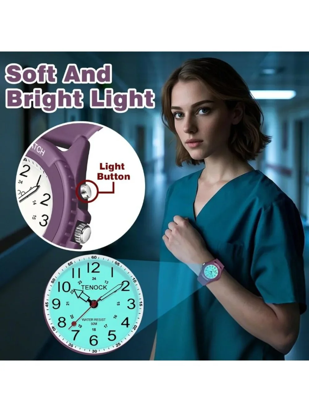 Stylish Waterproof Analog Watch for Women Nurses - Night Light, 50M, 12/24H